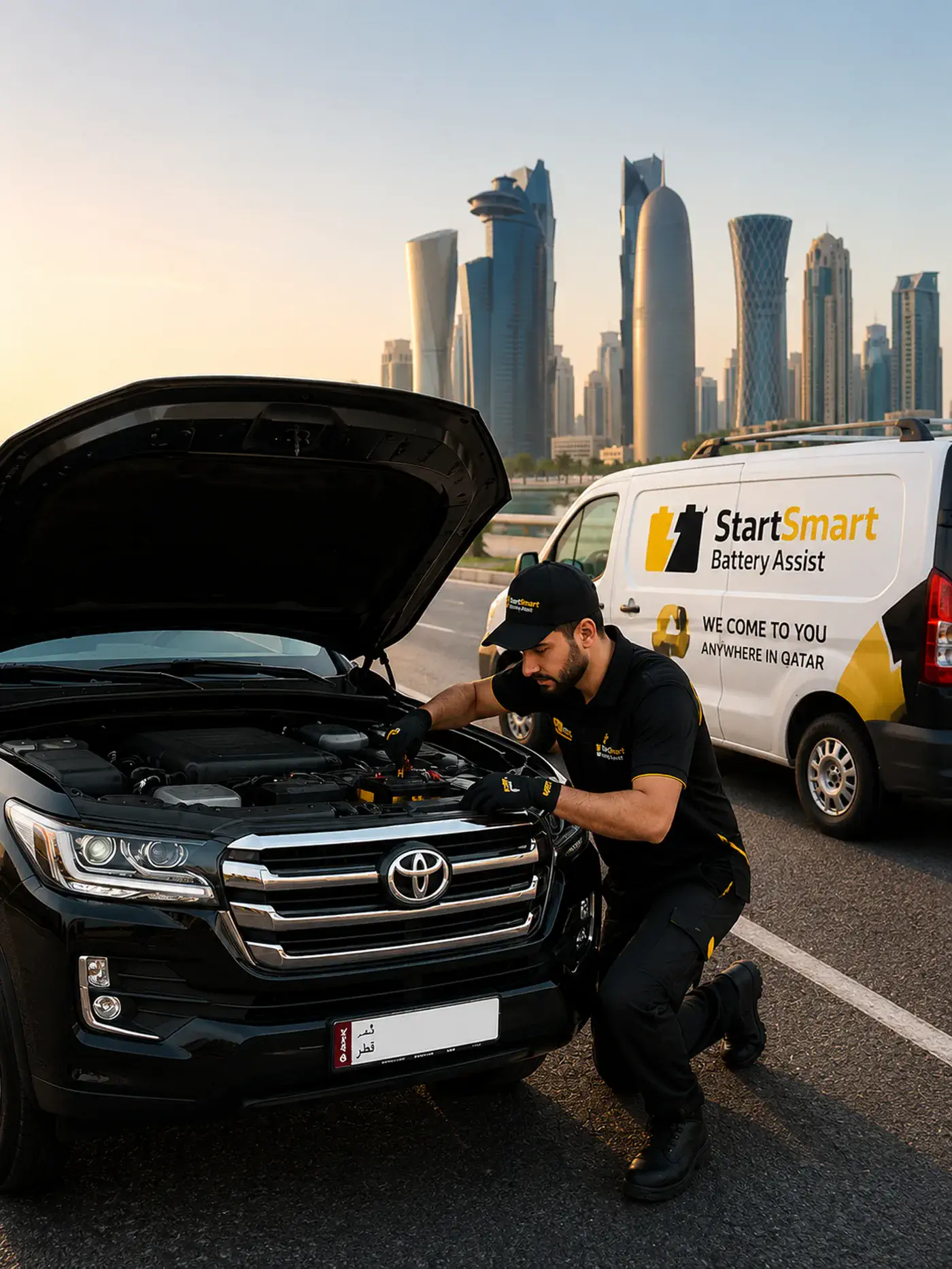 StartSmart battery technician servicing a car in Qatar